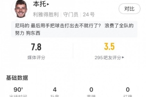 黄油手致被绝平！本托数据：4次禁区内扑救+2解围，评分7.8